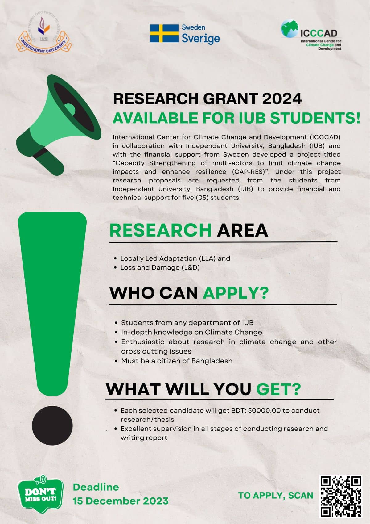 Call for Application – Research Grant for IUB Students